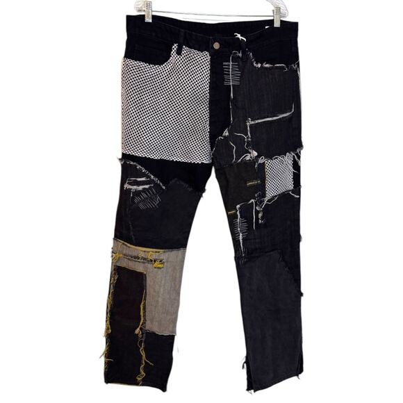 MNML V124 Patchwork Black Denim Jeans Distressed Textured Button Fly SZ 36 NEW - Picture 1 of 12
